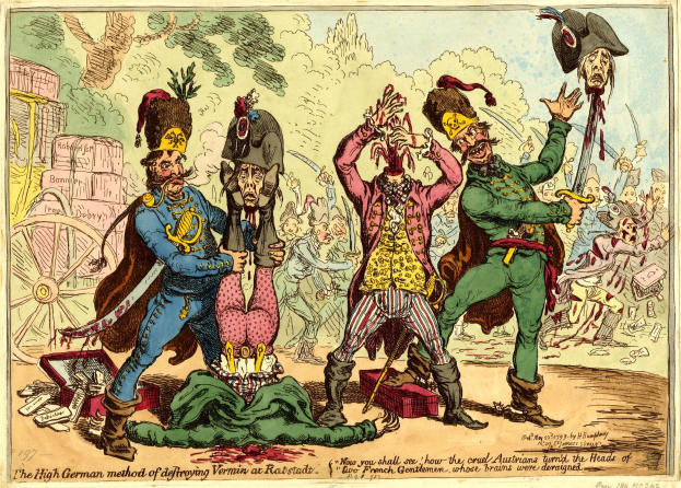 Cartoon-Illustration von Männern in Militäruniformen mit einem, der ein Schwert hält, vor dem Hintergrund von Bäumen und Gebäuden, mit der Bildunterschrift "Die hohe deutsche Methode zur Bekämpfung von Ungeziefer in Ratstadt" unten.