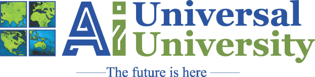 Das Logo der Universal University zeigt einen blauen Kreis mit einer weißen Umrandung und einem weißen Stern in der Mitte, umgeben von einem weißen Ring mit blauer Schrift und dem Satz "Die Zukunft ist Hier" in fetter schwarzer Schrift darunter.