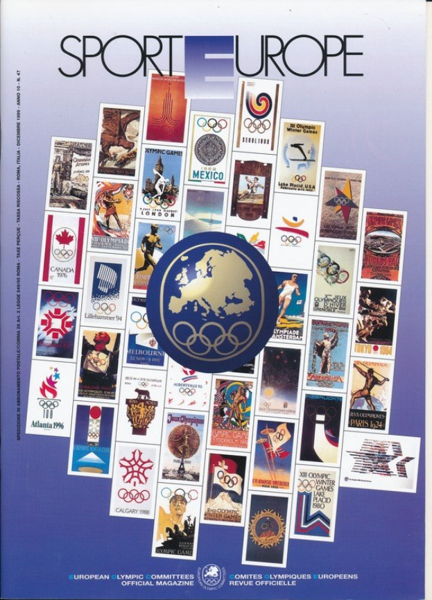 Ein Buchumschlag mit dem Titel 'Sport in Europa', der farbenfrohe Bilder und Texte über Olympische Spiele in Europa zeigt.