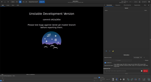 Screenshot eines Computerbildschirms mit der fettgedruckten Textzeile "instabile Entwicklungsversion" in weißer Schrift auf schwarzem Hintergrund, wobei "unaufhaltsame Entwicklung" in hellblau hervorgehoben ist, zusammen mit Symbolen für eine Suchleiste, Dropdown-Menü und Fortschrittsbalken.