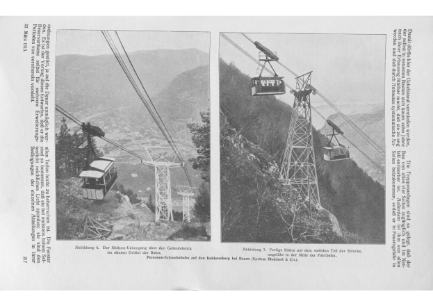 Schwarz-weiß-Foto einer Seilbahn, die einen bewaldeten Berg hinauffährt, mit zwei zusätzlichen Seilbahnbildern und begleitendem Text.