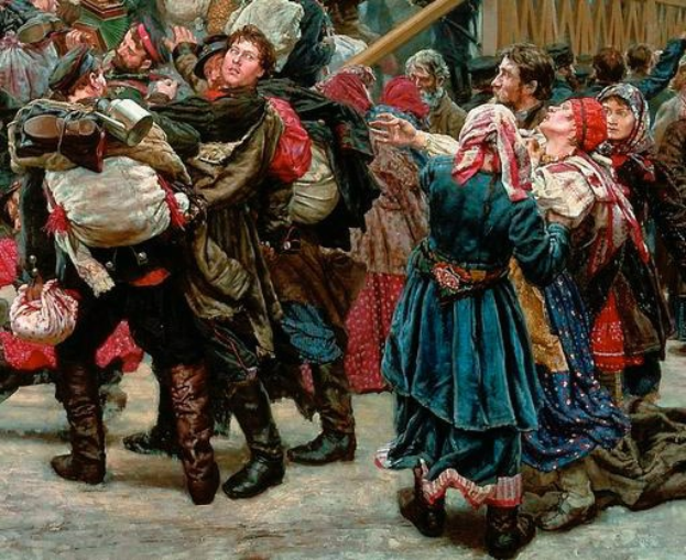 Gemälde, das eine Gruppe von Menschen zeigt, die vor einer Menge tanzen, während der russischen Revolution, gekleidet in traditionelle russische Kleidung mit einigen, die Gegenstände halten, vor einem Hintergrund aus einem Holzhaus in einer lebendigen, festlichen Atmosphäre.