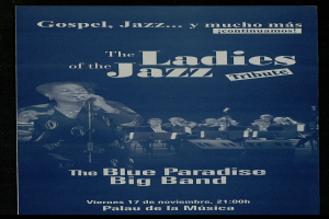 Ein Plakat für den Ladies of Jazz Tribute im Blue Paradise Big Band, das Musiker bei der Musikinstrumentenbesaitung und eine Frau mit Mikrofon in der Mitte zeigt, mit Textbeschreibung des Events.