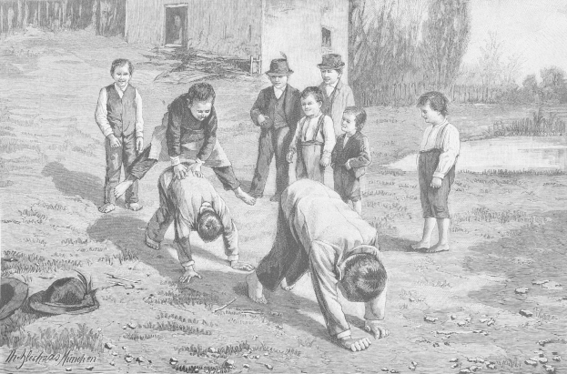 Schwarz-weißes Bild von Kindern, die in einem Feld spielen, mit zwei Jungen, die in der Mitte kämpfen und anderen, die zusehen, einem Hut und Text auf der linken Seite.