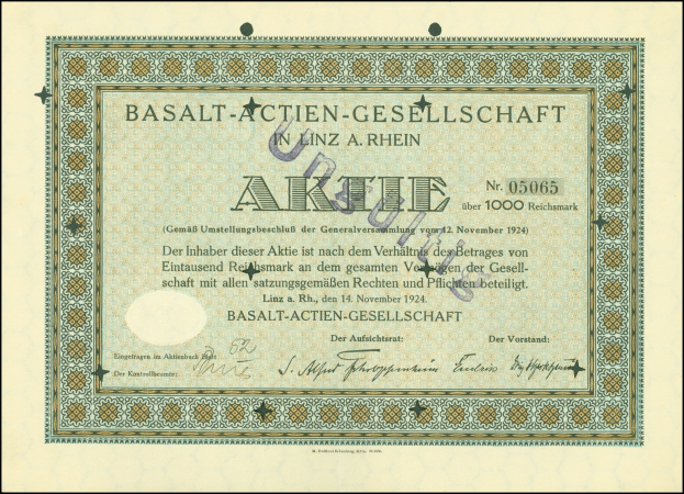 Rahmung alter Aktienurkunde der Basalt-Actien-Gesellschaft in Linz, Deutschland, mit sichtbarem Text.