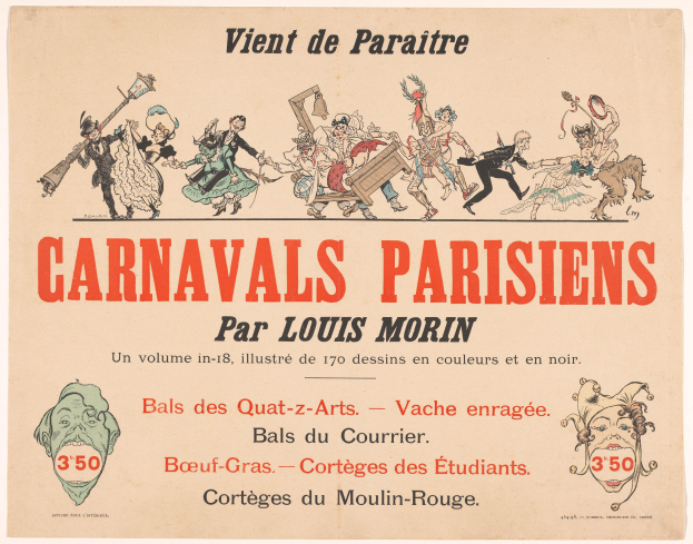Ein Blatt mit der Überschrift "Karneval in Paris" in fetter Schrift, das farbenfrohe, detaillierte Entwürfe von Menschen in bunten Kostümen und Masken zeigt.