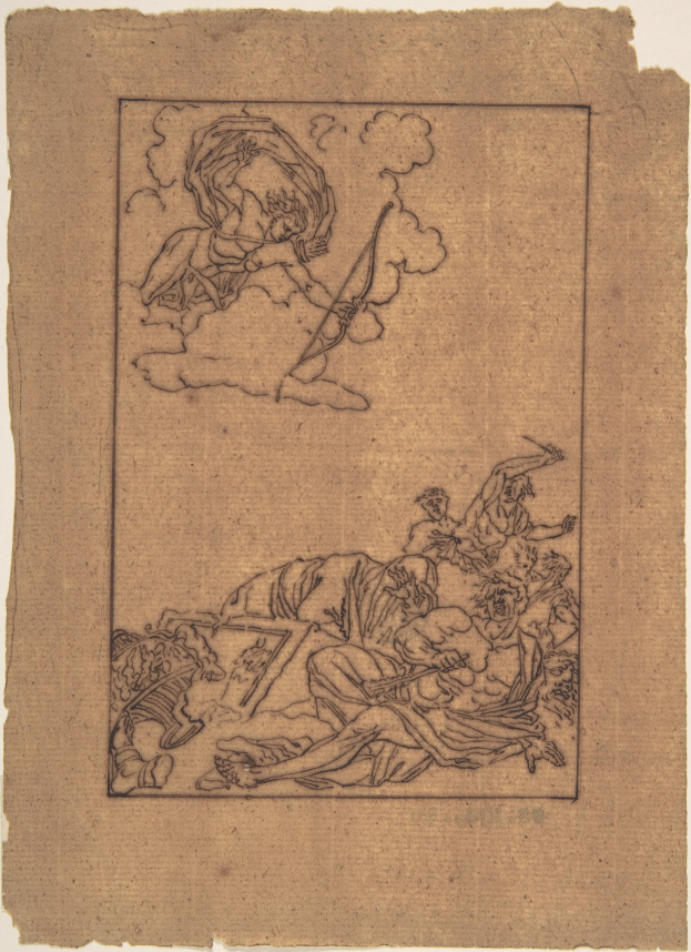 Eine Zeichnung auf Papier zeigt einen verzweifelten Mann, der auf dem Boden liegt und ein Schwert in der Hand hält, umgeben von einer Gruppe ängstlicher Menschen, dargestellt in gedämpften, traurigen Farben.