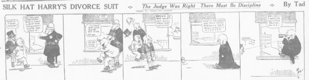 Cartoon-Illustration eines Mannes in einem schwarzen Anzug mit weißem Hemd und schwarzer Krawatte und einer Frau in einem eleganten Kleid mit schwarzem Schal, beide mit ernsten Gesichtern, beschriftet mit "Scheidungsklage."