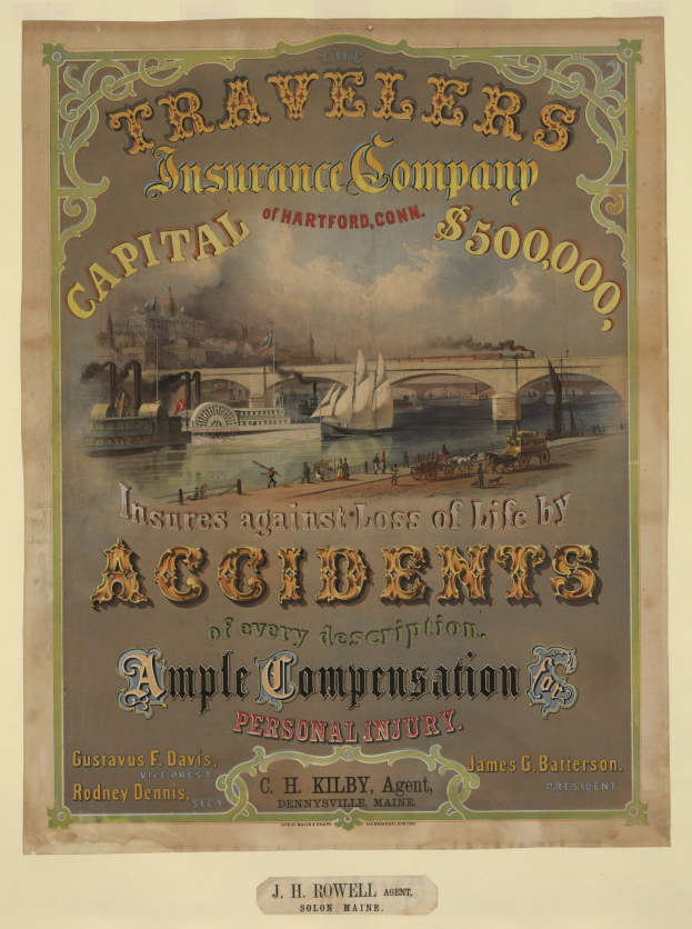 Werbeposter für die Traveler's Insurance Company of Hartford, Connecticut, mit Abbildungen von Booten, einer Brücke und Gebäuden sowie Texten, die Reiseversicherungsdienstleistungen bewerben.
