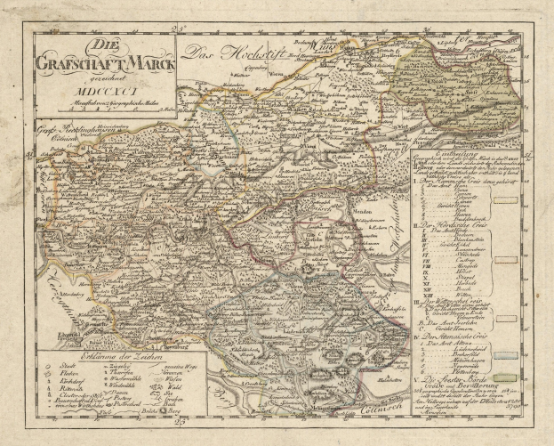 Alte Karte von München, Deutschland, mit dekorativem Rand, die Straßen, Parks, Flüsse und Berge in blauen, grünen und gelben Tönen zeigt.