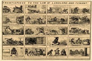 Cartoon-stilillustration einer Urkunde mit Menschen, Gebäuden und Gegenständen mit fetter Schrift in einem dekorativen Rahmen.