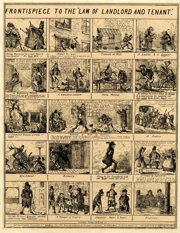 Cartoon-stilillustration einer Urkunde mit Menschen, Gebäuden und Gegenständen mit fetter Schrift in einem dekorativen Rahmen.