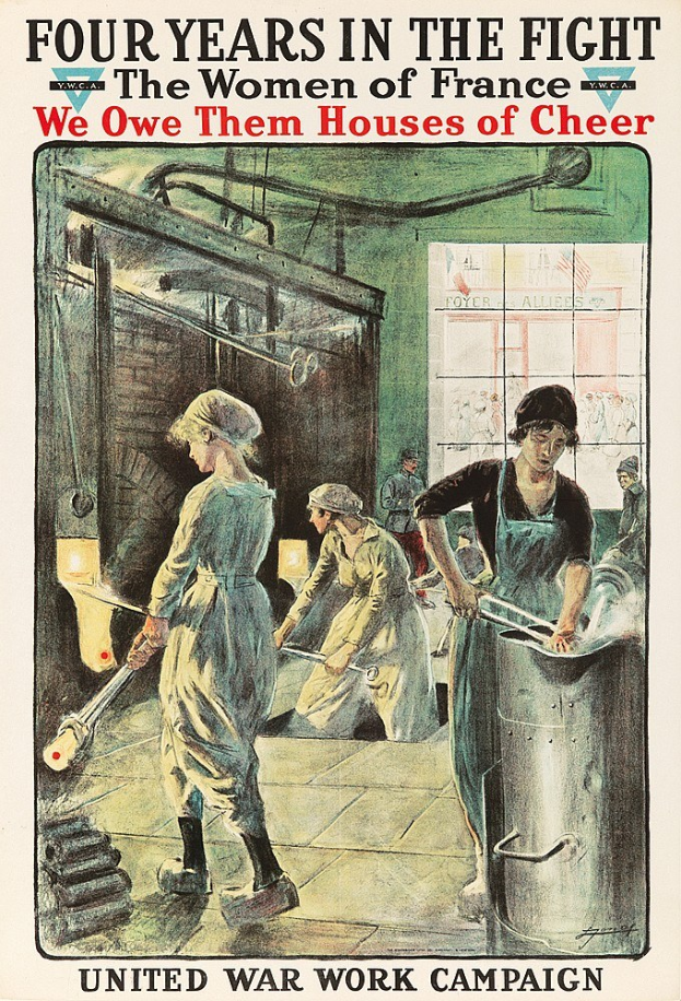 Plakat mit vier Frauen in einer Reihe mit entschlossener Miene, betitelt 'Wir schulden ihnen Häuser der Freude', symbolisiert ihre Stärke und Resilienz im Kampf für Frankreich.