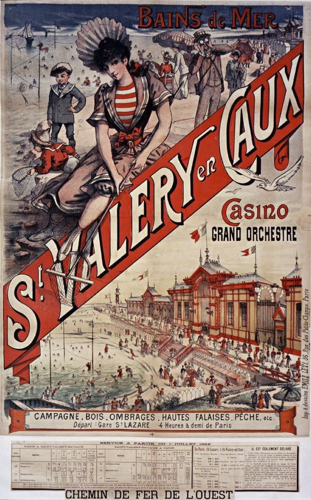Plakat, das ein Pariser Casino bewirbt, mit einem Frauengesicht, umgeben von Text, Menschen, Gebäuden, Flaggen und Gegenständen.