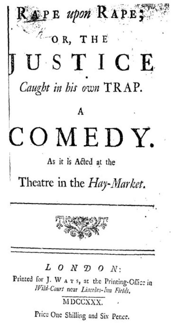 Schwarzes und weißes Plakat mit fetter schwarzer Schrift, die 'Vergewaltigung über Vergewaltigung oder die Justiz in seiner eigenen Falle' liest, wahrscheinlich wirbt für eine Komödienshow.