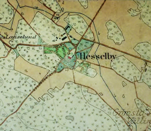 Ein detaillierter alter Stadtplan von Hesselby, der mit Straßen, Gebäuden und Sehenswürdigkeiten markiert ist.