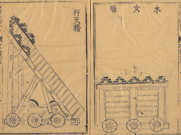 Ein altes Buch mit chinesischer Schrift und einer Illustration eines Lkw mit einem großen Vorderrad und einem kleineren Hinterrad.