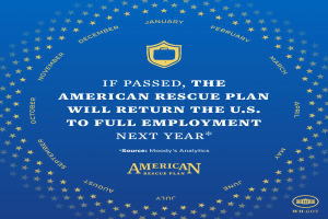 Ein blaues Plakat mit Text und Logo, das besagt: "Wenn verabschiedet, wird das American Rescue Plan die USA im nächsten Jahr wieder zur Vollbeschäftigung führen."