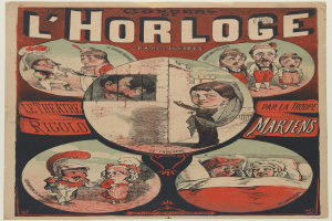 Plakatankündigung eines Konzerts im Chorloge-Theater in Paris mit einer Gruppe von Menschen in farbenfrohen Kostümen umgeben von Text.