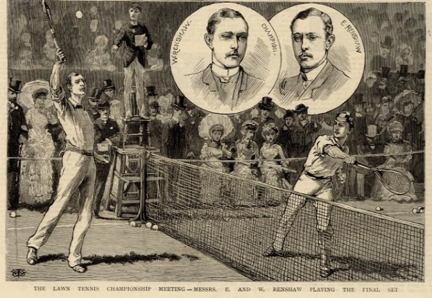 Schwarze und weiße Zeichnung von zwei Männern, die auf einem Platz mit einem Netz Tennis spielen, umgeben von Zuschauern, und Text unten, der lautet: "The Lawn Tennis Championship Meeting - Messers, E und W Renshaw spielen das entscheidende Spiel."