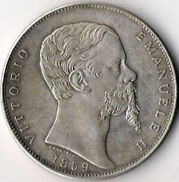 Silbermünze aus Italien aus dem Jahr 1859 mit dem Bild eines bärtigen Mannes und der Aufschrift "Vittorio Emanuele II" auf einem weißen Hintergrund.