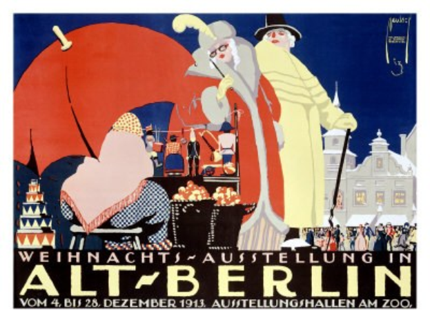 Plakat zur Weihnachtsausstellung in Alt-Berlin mit leuchtenden Illustrationen von Menschen und Gebäuden und dem Text "Weihnachtsausstellung in Alt-Berlin" oben.