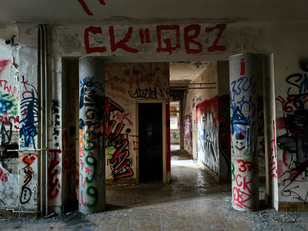 Verlassener Gebäuderaum mit Graffiti an den Wänden, sichtbarer Boden, freiliegende Rohre und eine Tür im Hintergrund, die den Verfall der Stadt illustriert.