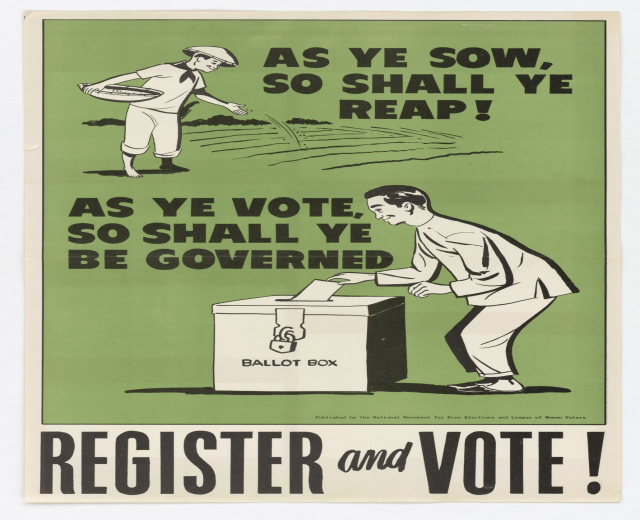 Plakat mit einem Mann im Anzug und einer Frau in unbekannter Kleidung vor einer Box, mit dem Text "Wählen Sie und Registrieren Sie" darüber, beide mit entschlossener Miene.