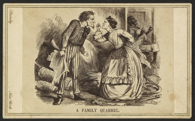 Ein Mann und eine Frau stehen in der Mitte des Bildes während eines Streits, wobei der Mann ein Objekt hält und unten der Text 'ein Familienstreit' zu sehen ist.