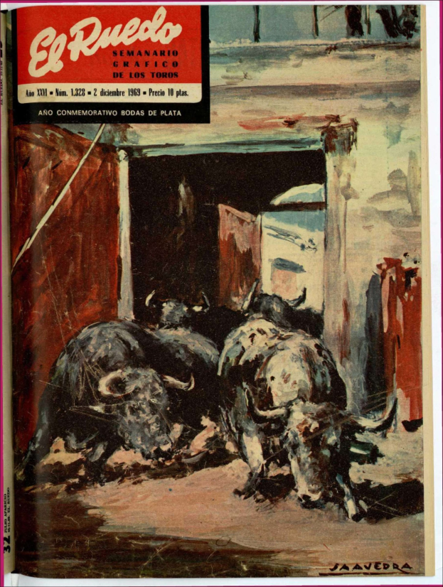 Buchumschlag mit einem Gemälde eines Stiers in einem Stall, mit Tieren im Vordergrund, einer Wand und einer Tür im Hintergrund und Text oben.