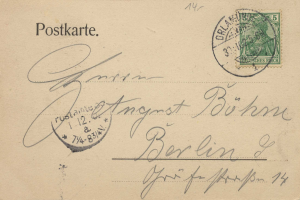 Eine alte deutsche Postkarte in sehr gutem Zustand, die ein Stempel und den Text "Grundfahrzeug" neben einem Bild eines Mannes zeigt.