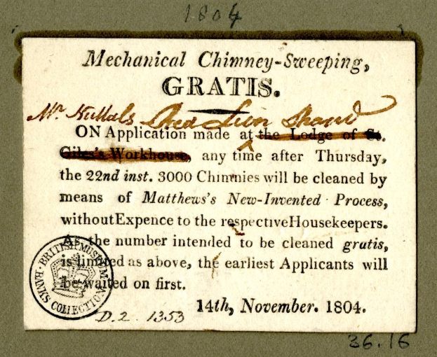 Papierdokument mit gedrucktem Text und einem roten Stempel, auf dem "Mechanische Schornsteinfegerei, Gratis" steht.