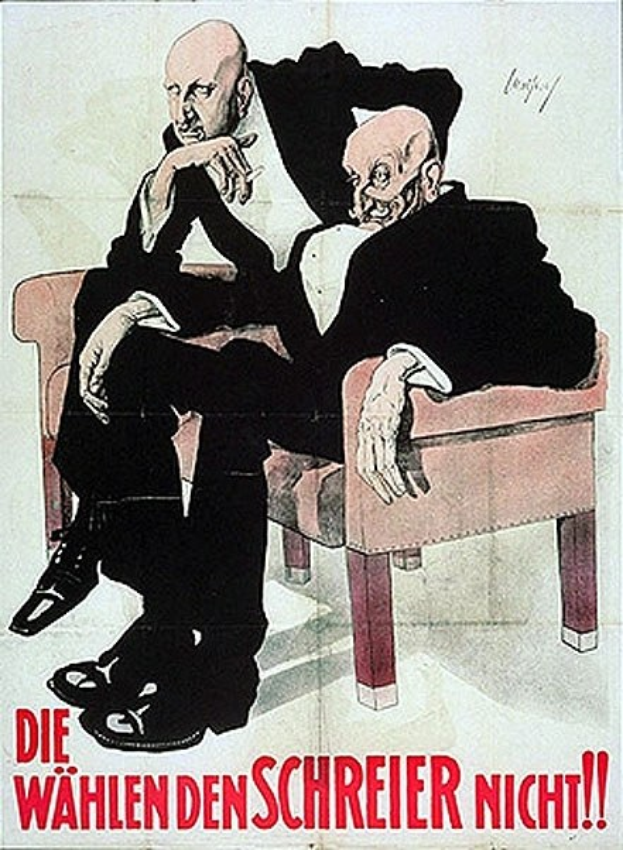 Deutsches Propagandaplakat der NSDAP mit zwei Männern auf einem Sofa mit Text.