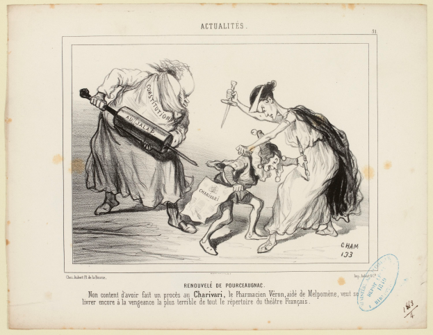 Eine Zeitung zeigt eine Zeichnung einer entschlossenen Frau mit einer Waffe, einen Mann mit einem Kind und Text mit einem Stempel, der eine angespannte Situation darstellt.