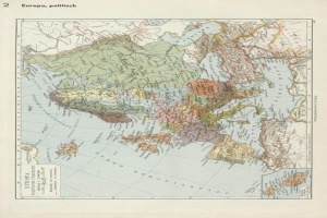 Karte von Europa aus dem 19. Jahrhundert, die politische Grenzen zeigt, auf Papier gedruckt mit Text oben und unten.