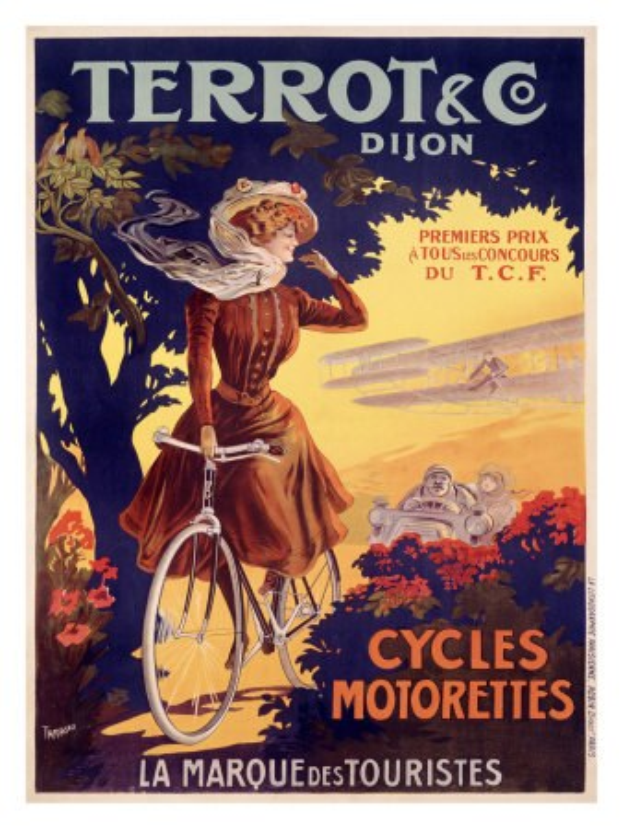 Ein Plakat, das eine Fahrradtour in Frankreich bewirbt, zeigt eine Frau, die ein Fahrrad unter Bäumen, Blumen und anderen Menschen fährt, mit Text, der die Tour beschreibt.