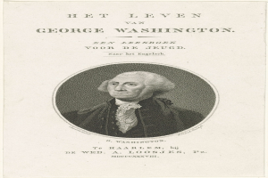 Porträt von George Washington auf Papier mit Text, der nach vorne schaut, mit ernstem Gesichtsausdruck, Anzug und Krawatte, zurückgekämmtes Haar, starkes Kinn, markante Nase und Kinn.