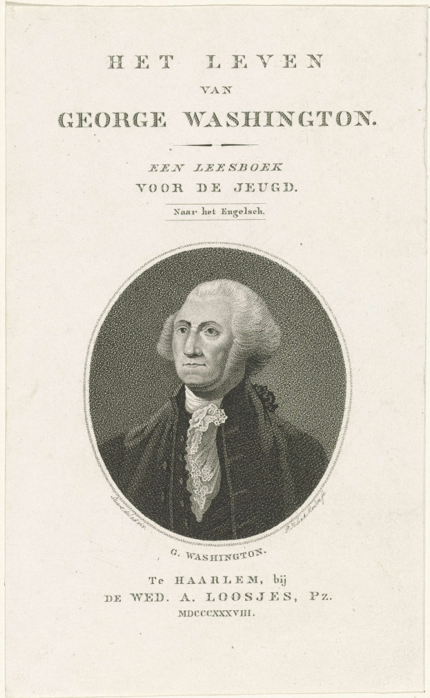 Porträt von George Washington auf Papier mit Text, der nach vorne schaut, mit ernstem Gesichtsausdruck, Anzug und Krawatte, zurückgekämmtes Haar, starkes Kinn, markante Nase und Kinn.
