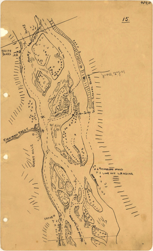 Detailreiches altes Stadtplan auf vergilbten Papier mit handgeschriebener Textbeschriftung von Straßen, Gebäuden, Parks und Sehenswürdigkeiten.