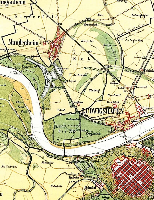 Alte detaillierte Karte von Ludwigschaften, Deutschland, mit Straßen, Gebäuden und Sehenswürdigkeiten mit Textangaben zum Standort der Stadt.