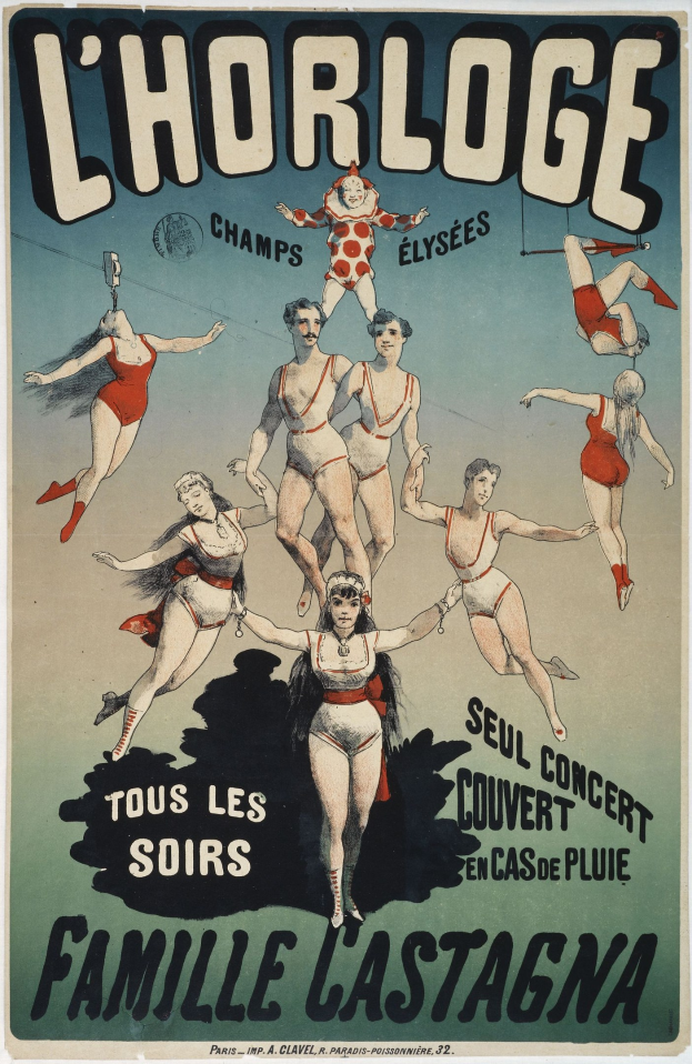 Ein Plakat für L'Horloge Family Lastagna, das eine Gruppe von Menschen in bunten Kostümen tanzt und strahlt.