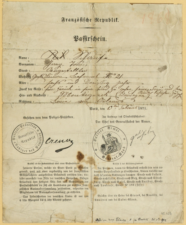 Gelbliches Schreiben der deutschen Regierung mit rundem schwarzumrandetem Stempel und schwarzer Tinte.