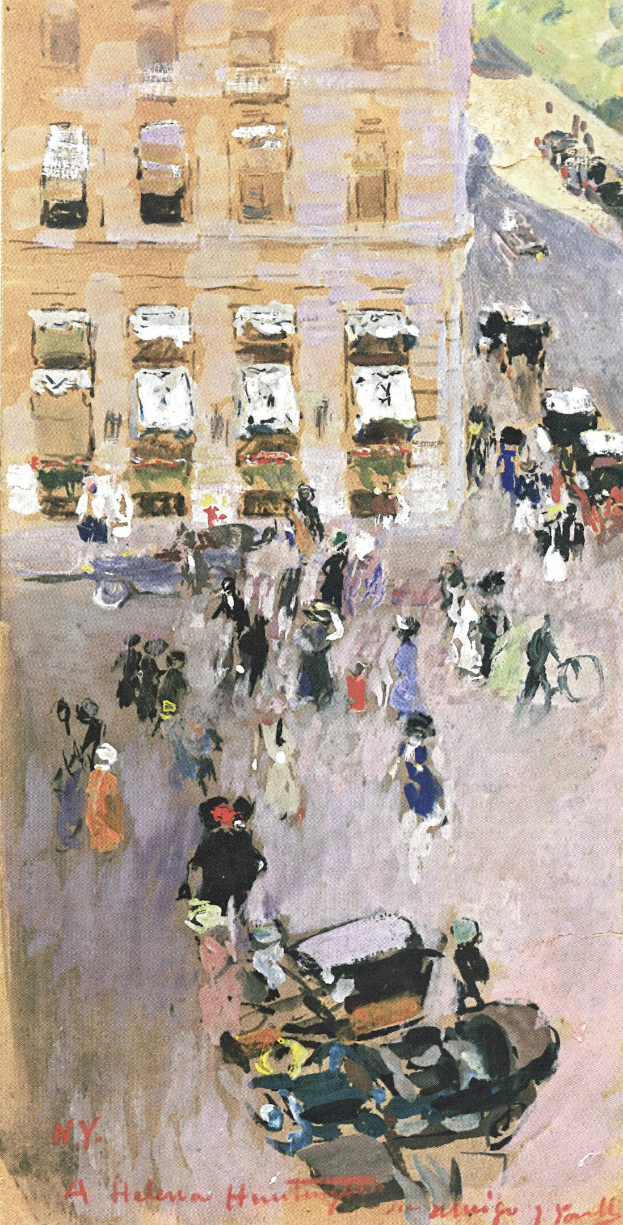 Gemälde einer belebten New Yorker Stadtstraße mit Passanten, Fahrzeugen, einem Gebäude im Hintergrund und Text unten.