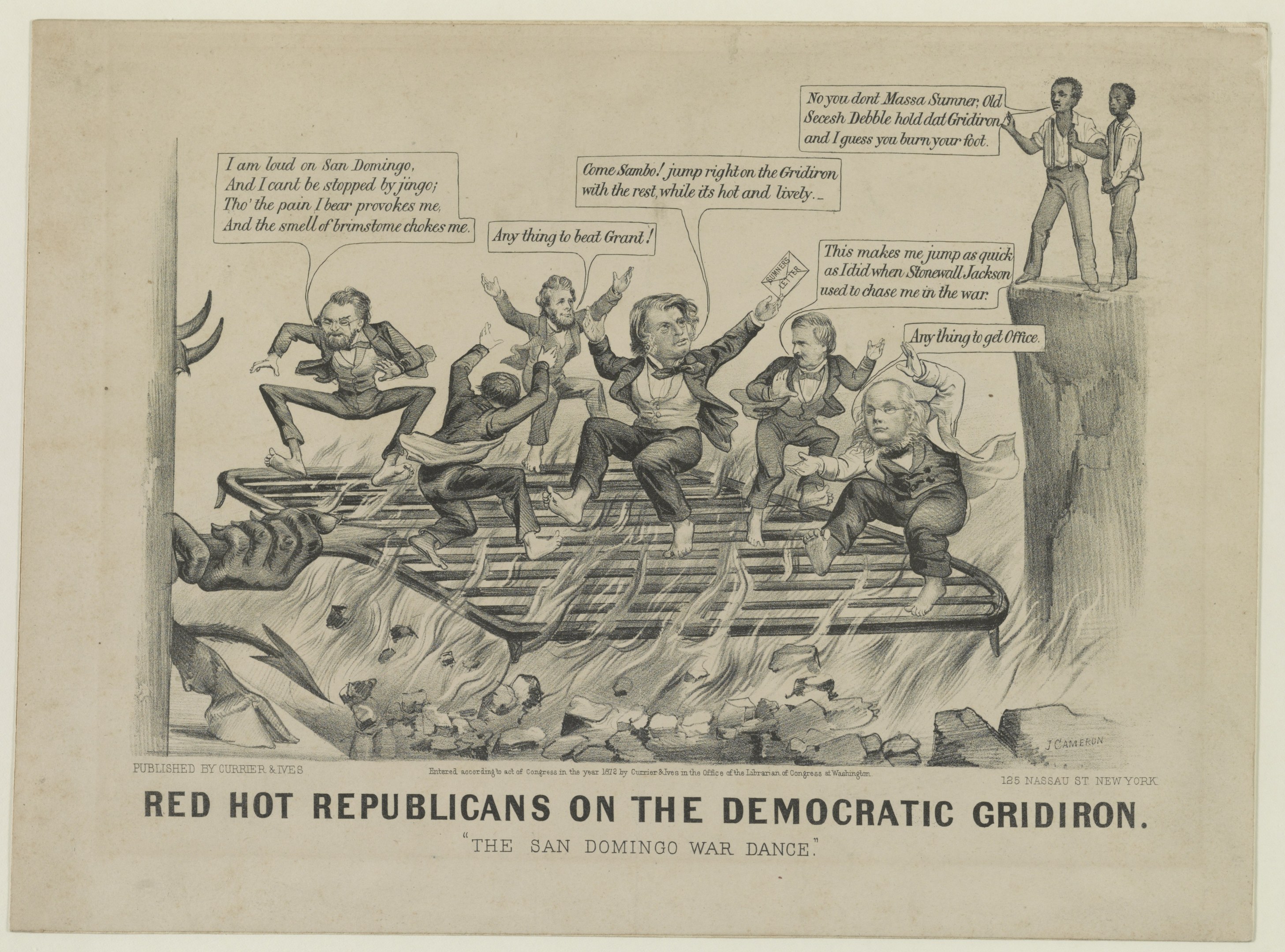 Eine politische Karikatur, die rote Figuren auf einem blauen Gridiron in Not zeigt, mit fetter schwarzer Schrift, die eine ernste Situation betont.