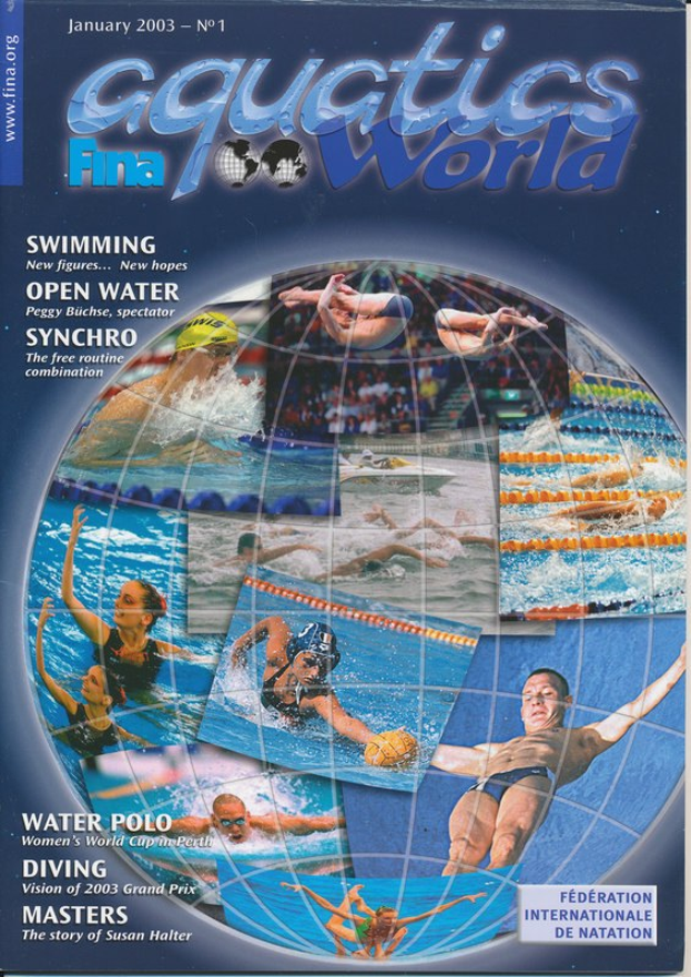 Titelbild der Januarausgabe 2003 der Aquatics FINA World Zeitschrift, das Schwimmer bei einer synchronisierten Übung in tiefblauem Wasser unter einem hellblauen Himmel mit weißen Wolken zeigt; der Zeitschriftenname steht in fetter weißer Schrift oben.