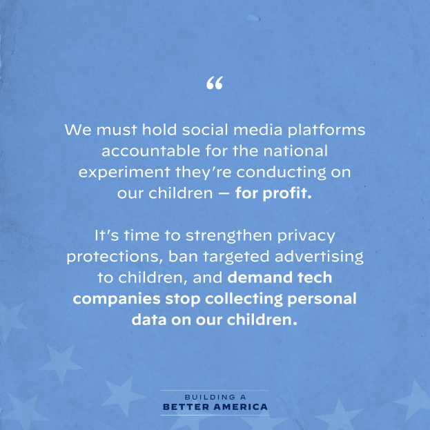 Ein Plakat mit einem Zitat aus Building a Better America, das lautet: "Wir müssen Social-Media-Plattformen für das nationale Experiment zur Rechenschaft ziehen, das sie an unseren Kindern durchführen - zum Profit.", dekoriert mit Sternen.
