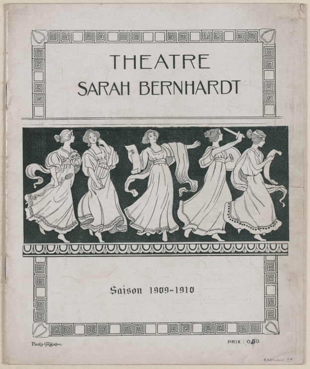 Plakat für das Theater Sarah Bernhardt von 1909–1910, das eine Gruppe von Frauen in der Mitte zeigt, mit Texten, die das Theater und seine Schauspieler beschreiben.