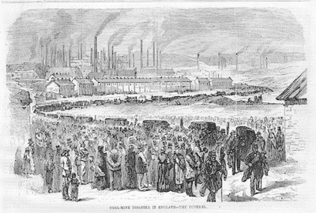 Schwarze und weiße Zeichnung von Menschen vor einem Fabrikgebäude mit Häusern und Rauch aus Schornsteinen, Text unten lautet "Kohlebergbau-Katastrophe in England das Ende".