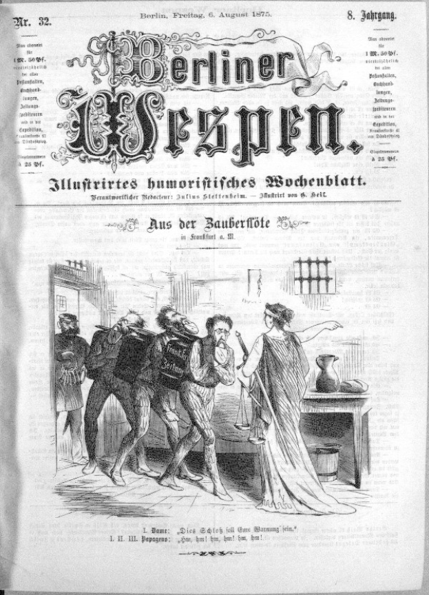 Altes Schwarz-Weiß-Zeitungsfoto vom 'Berliner Wespen, 6. August 1875' mit einer Gruppe von Menschen in Not, einige schauen ängstlich nach oben und andere verwirrt nach unten.