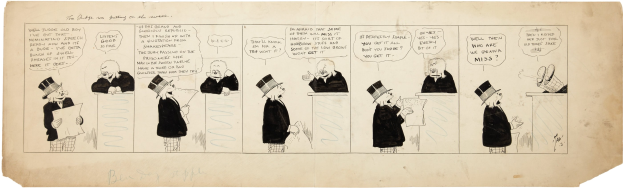 Ein Comic-Strip-Panel mit einem Mann in Zylinder und einer Frau in einem Kleid, die in einer Diskussion vertieft sind, wobei der Mann ein Blatt Papier hält.